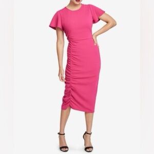 Rachel Rachel Roy Women’s Fuchsia Flutter Sleeve Ruched Midi Dress in size L